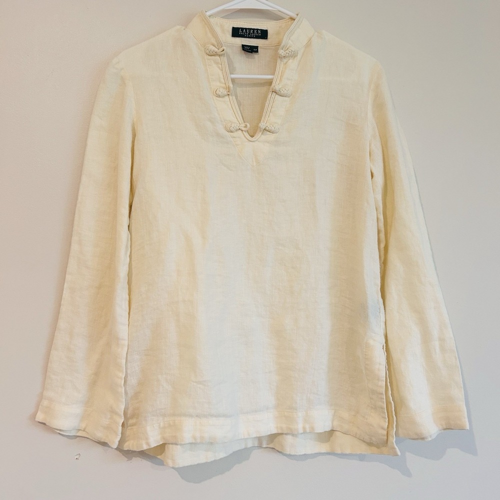 Vtg Lauren Ralph Lauren LRL Linen Tunic Blouse Sz P/P Long Sleeve Beachy FLAW
